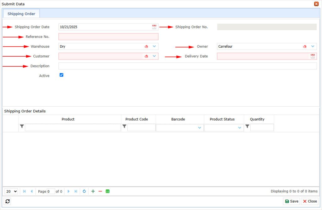 information a shipping order Shipping Order, reference number, warehouse, customer, and owner, linari, www.linari.ge,