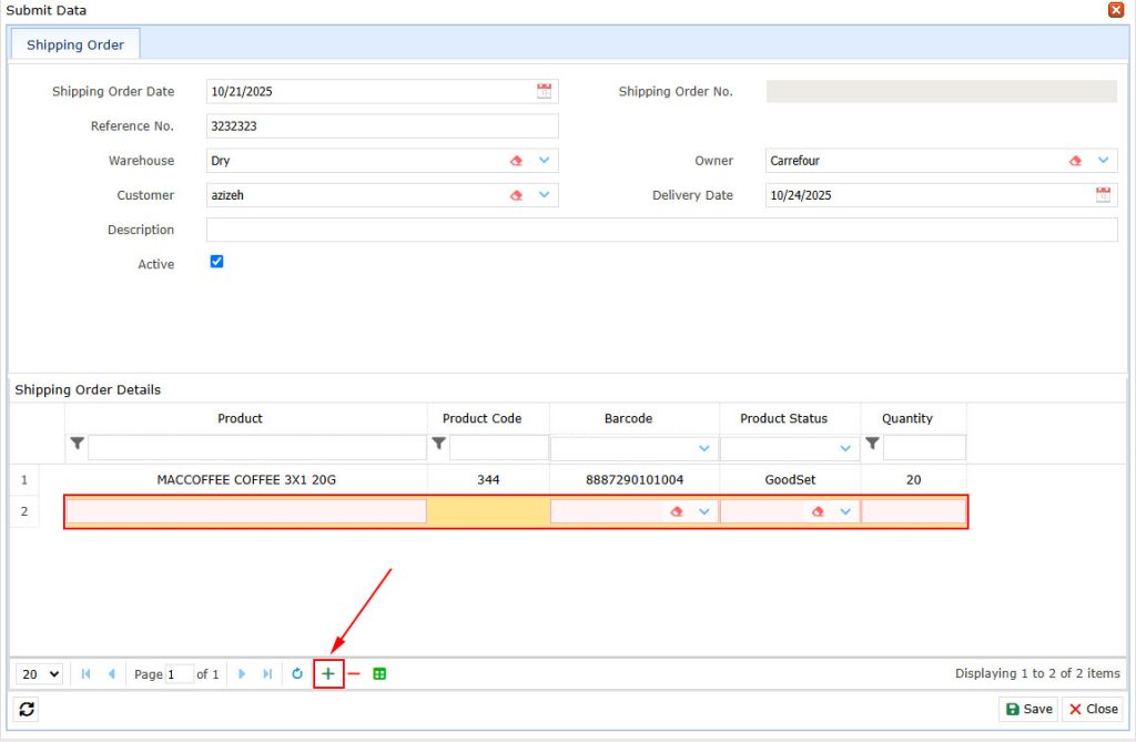 add product details Shipping Order Shipping Order, reference number, warehouse, customer, and owner, linari, www.linari.ge,