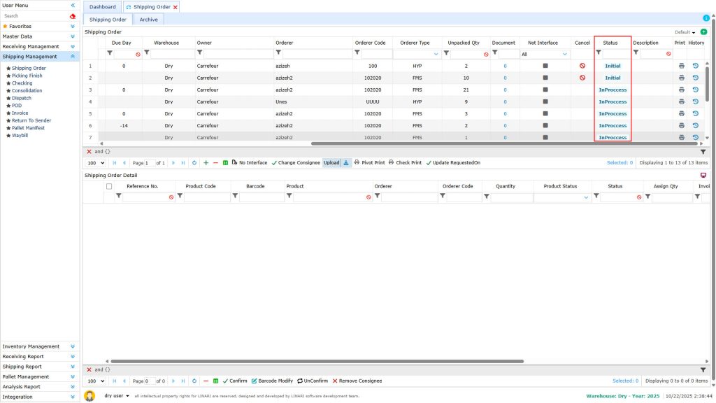 Editing a Shipping Order Shipping Order, reference number, warehouse, customer, and owner, linari, www.linari.ge,