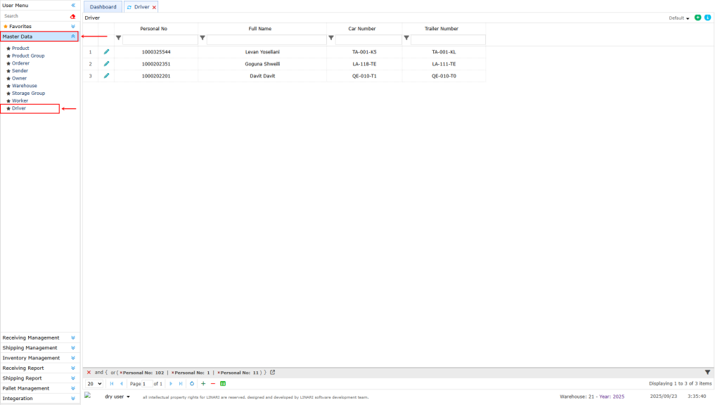 Driver submenu Driver, linari, www.linari.ge, wms, Warehouse, Driver information, Driver submenu