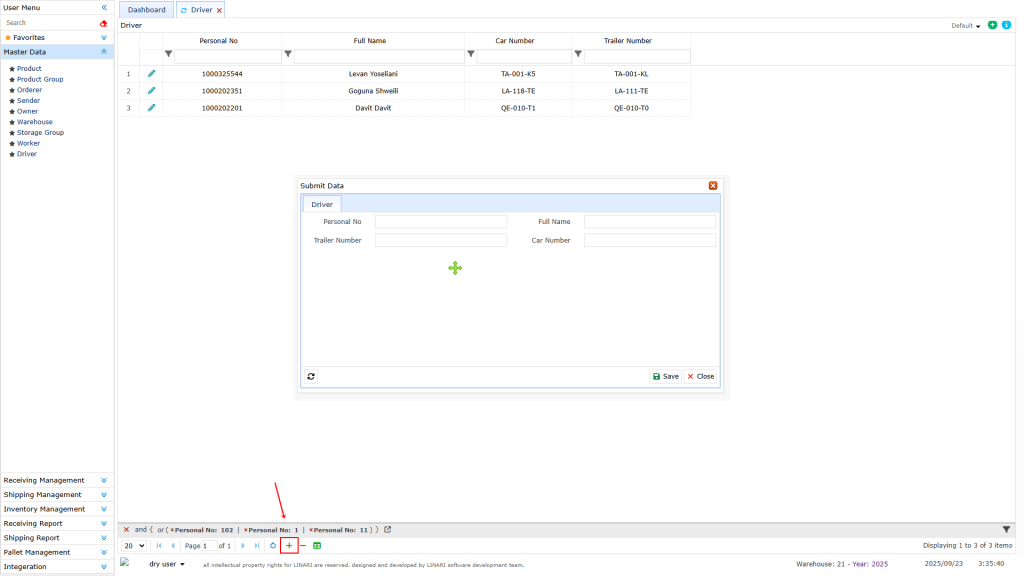 Driver submenu Driver, linari, www.linari.ge, wms, Warehouse, Driver information, Driver submenu