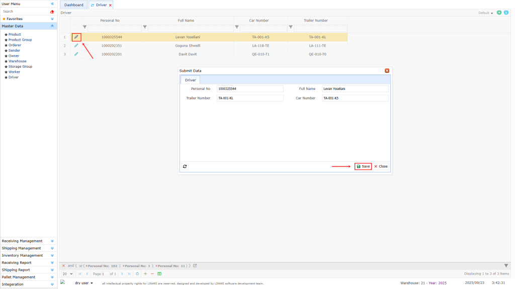 Driver submenu Driver, linari, www.linari.ge, wms, Warehouse, Driver information, Driver submenu