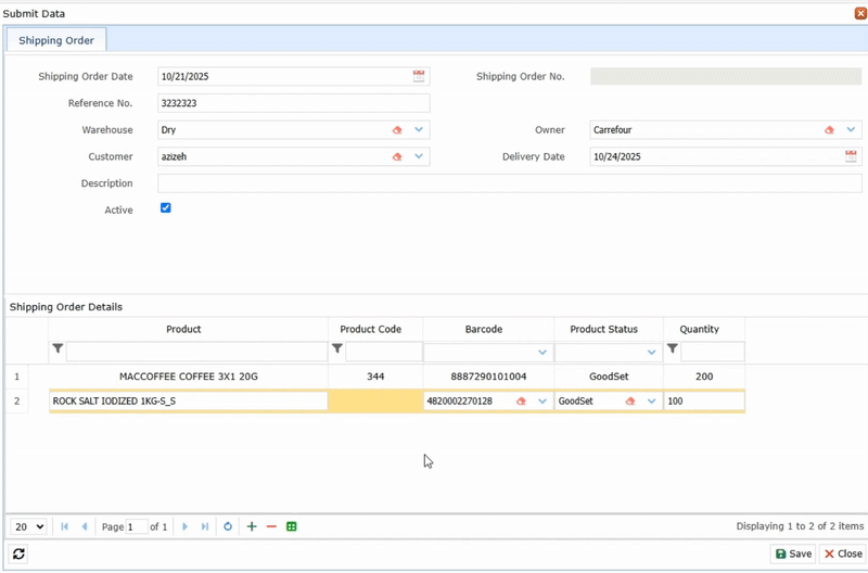 Shipping Order, reference number, warehouse, customer, and owner, linari, www.linari.ge,