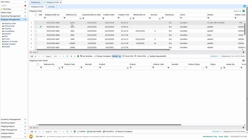 Shipping Order, reference number, warehouse, customer, and owner, linari, www.linari.ge,