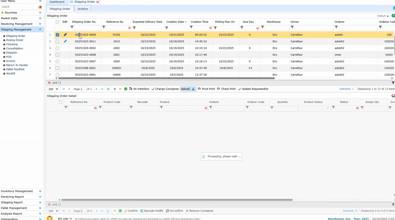 Editing a Shipping Order Shipping Order, reference number, warehouse, customer, and owner, linari, www.linari.ge,