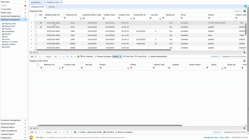 Shipping Order, reference number, warehouse, customer, and owner, linari, www.linari.ge,